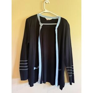 Exclusively Misook Womens L Black Light Blue Open Front Knit Cardigan Sweater